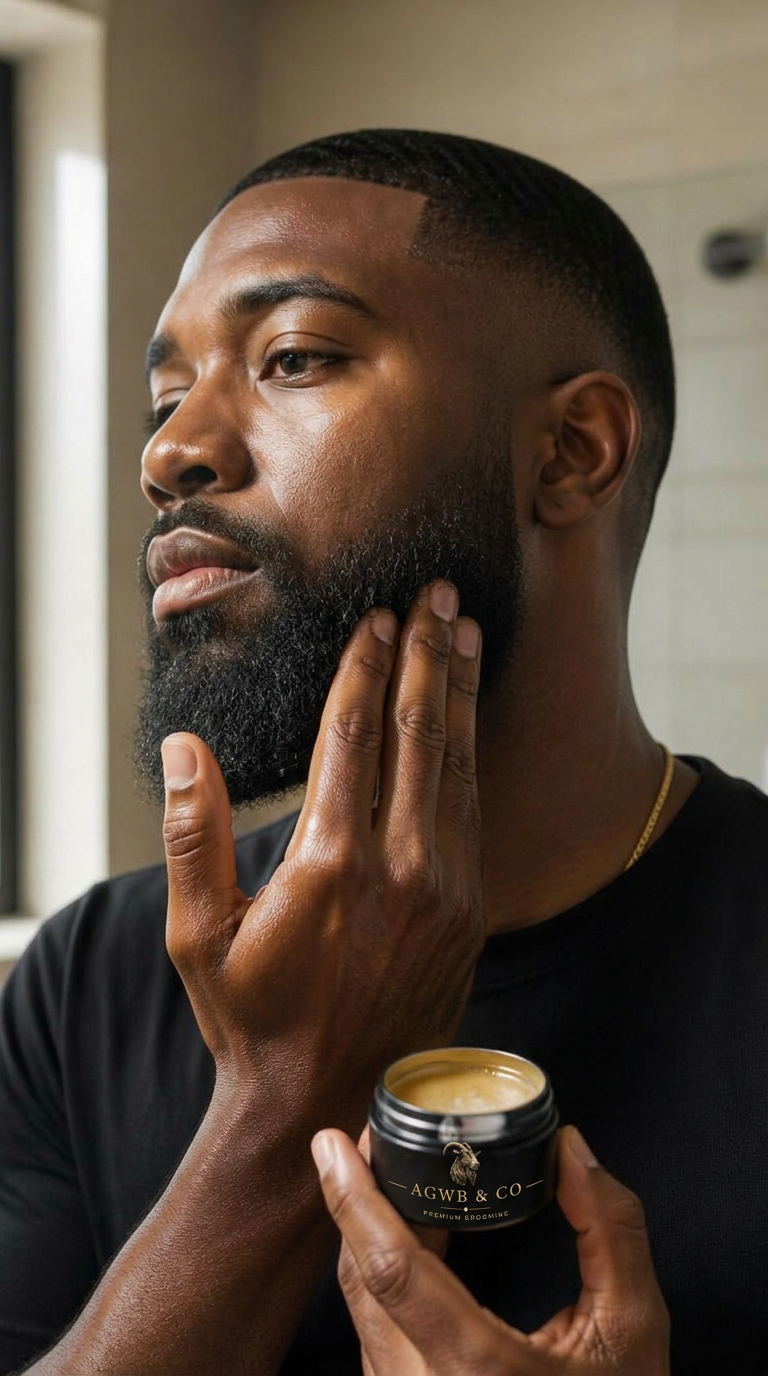 Bearded man applying beard balm in a softly lit bathroom
