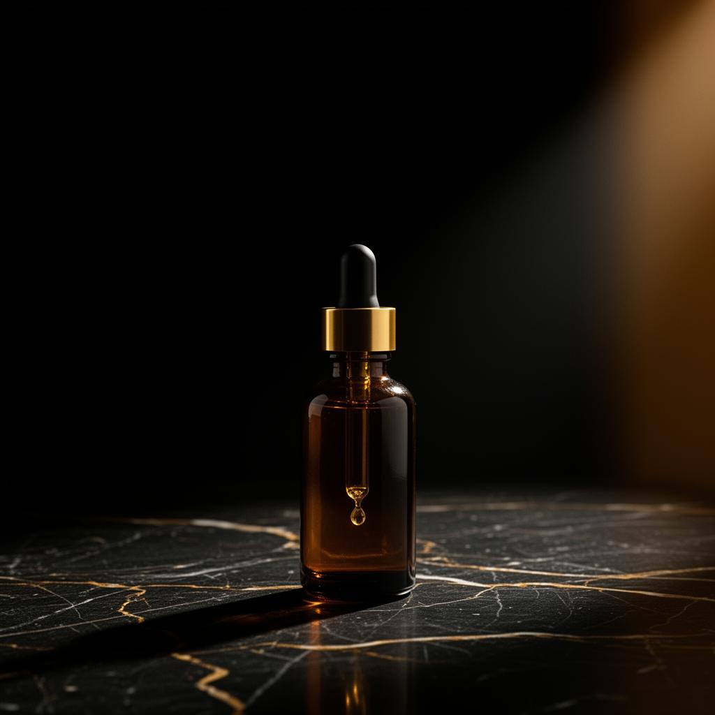 Amber beard oil bottle on black marble — AGWB & Co